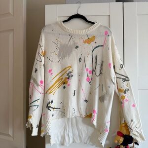 White Zara Knit Sweater With Paint Splatter Design - Small